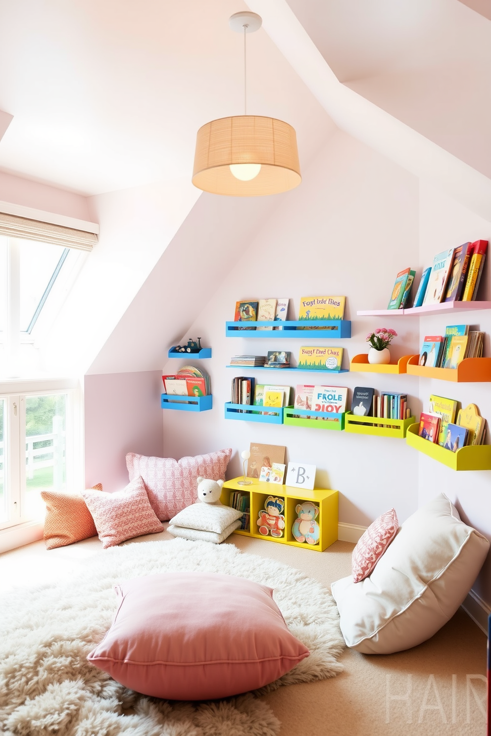 A cozy attic playroom filled with natural light. The space features soft pastel walls and a plush carpet, creating a warm atmosphere for play. Hanging swings are suspended from the ceiling beams, providing fun and relaxation. Colorful cushions are scattered around, inviting children to lounge and enjoy their time in the playroom.