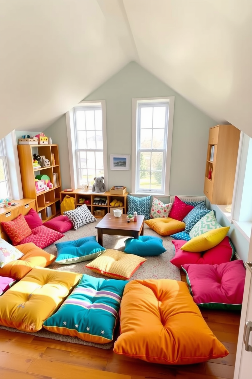 A cozy attic playroom featuring colorful floor cushions scattered throughout the space for casual seating options. The walls are painted in a soft pastel hue, and large windows allow natural light to flood the room, creating a cheerful atmosphere. An inviting play area with various floor cushions in different shapes and sizes to encourage relaxed lounging and play. The design includes playful decor elements like wall-mounted shelves filled with toys and books, enhancing the fun and creative environment.