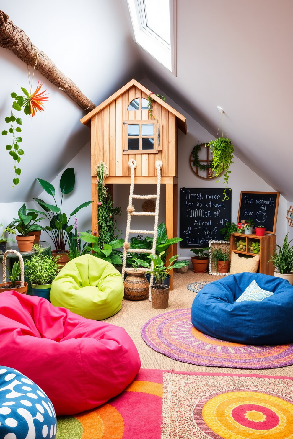 A playful attic playroom filled with natural light. The walls are painted in bright colors, and the floor is covered with soft, colorful rugs for comfort. An interactive wall features magnetic letters and numbers, encouraging creativity and learning. Shelves filled with books and toys are neatly arranged, making the space inviting and fun.