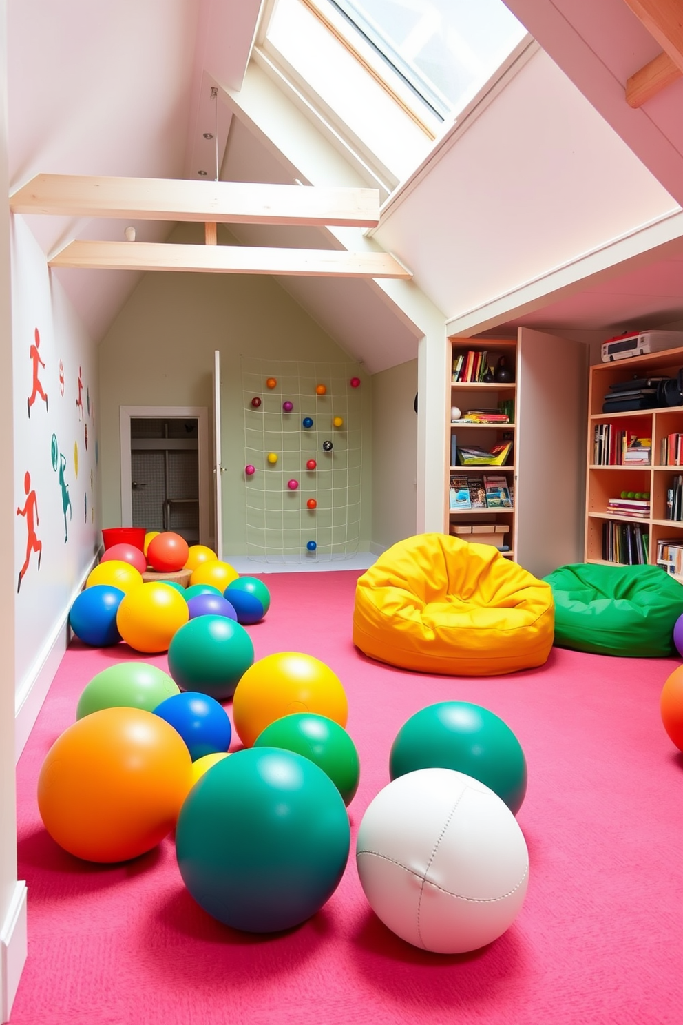 A cozy attic playroom designed for children features built-in benches with hidden storage underneath for toys and games. The walls are painted in soft pastel colors, and large windows allow natural light to flood the space, creating an inviting atmosphere.