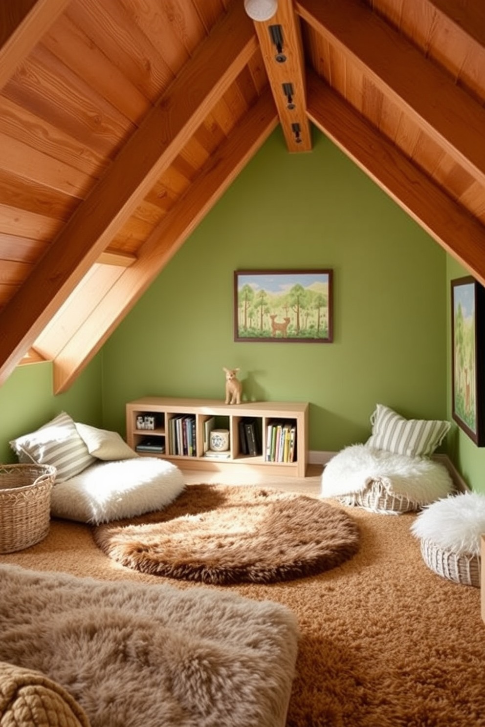 A cozy attic playroom features floor-to-ceiling bookshelves built into the slanted walls. The shelves are filled with colorful books and toys, creating an inviting space for children to explore and play. Soft, plush seating is arranged in a corner, complemented by bright cushions and a playful rug. Large windows allow natural light to flood the room, enhancing the cheerful atmosphere and providing a view of the outdoors.