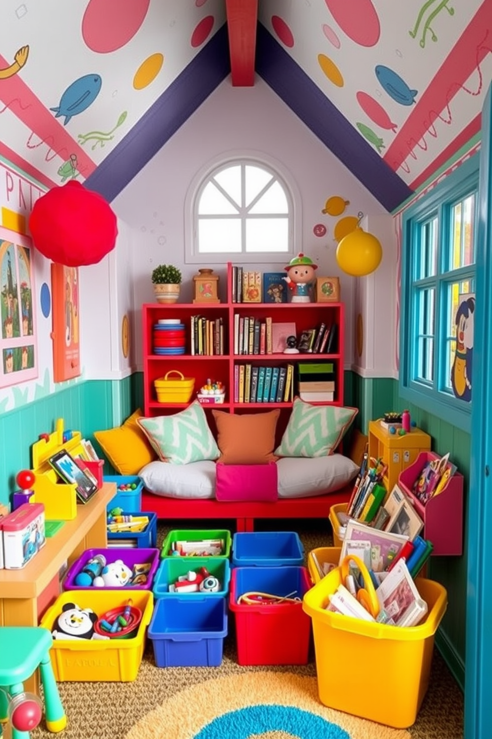 A whimsical playhouse filled with colorful decor. The walls are painted in bright hues with playful murals, and the furniture is a mix of vibrant colors and fun shapes. The attic playroom features cozy nooks with oversized cushions and a variety of toys. Large windows allow natural light to flood the space, creating an inviting atmosphere for imaginative play.