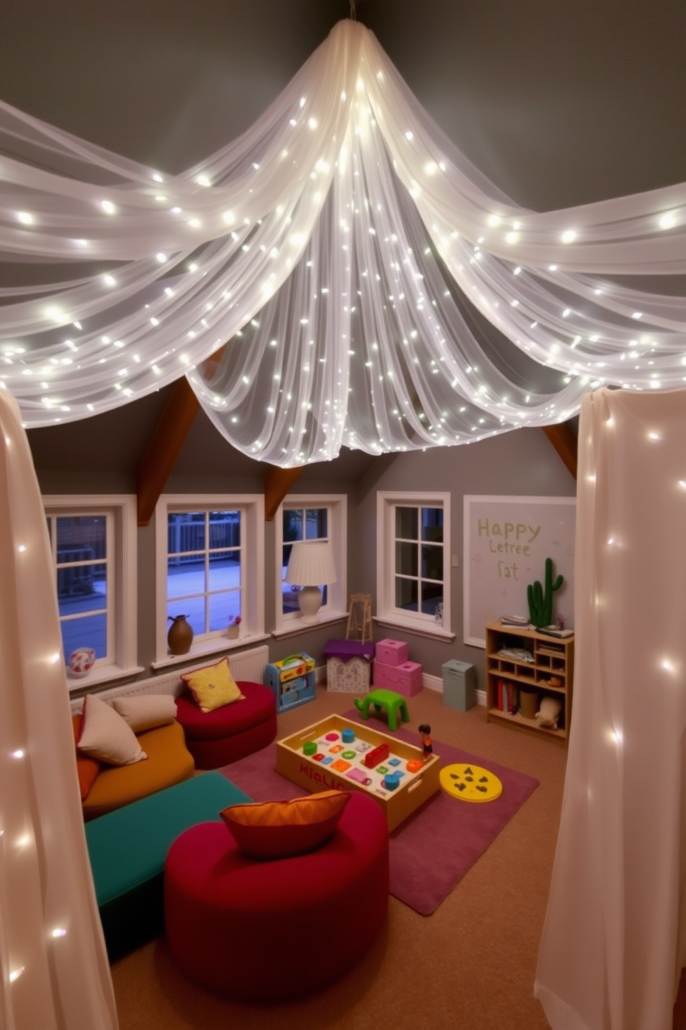 A cozy creative writing corner with a vintage typewriter placed on a rustic wooden desk. The walls are adorned with shelves filled with books, and a comfortable armchair sits nearby, inviting inspiration. A whimsical attic playroom featuring colorful bean bags scattered across a soft rug. The sloped ceiling is painted in a cheerful sky blue, and large windows allow natural light to flood the space, showcasing playful wall art.