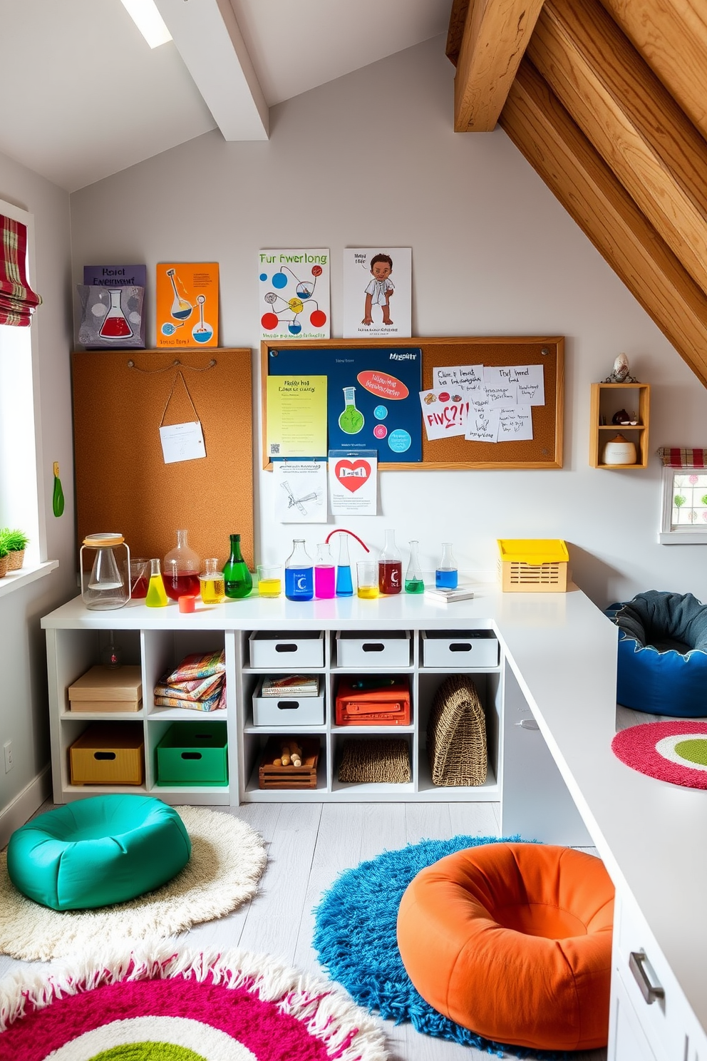 A science lab corner for experiments and fun. The space features a large workbench with ample storage for supplies and equipment. Brightly colored shelves are filled with beakers, test tubes, and science kits. A chalkboard wall allows for easy note-taking and creative brainstorming. Attic playroom design ideas. The room is filled with cozy nooks for reading and imaginative play. Soft rugs and cushions create a comfortable atmosphere for kids to explore their creativity. Large windows provide natural light and a view of the outdoors.