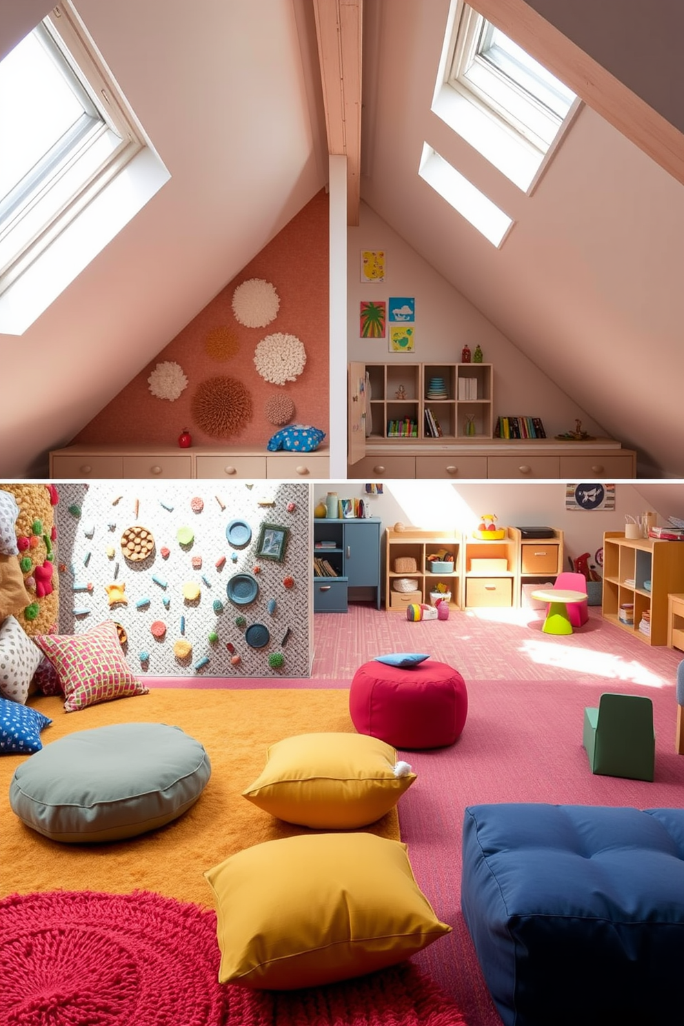 A sensory play area filled with tactile materials invites exploration and creativity. Soft rugs in various textures cover the floor, while colorful wall panels feature different sensory elements like fabric swatches and textured surfaces. The attic playroom is designed to maximize space and light. Skylights illuminate the room, showcasing cozy reading nooks with bean bags and shelves filled with books and toys.