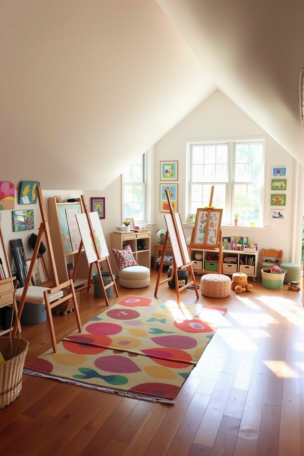 Art station with easels and supplies. The space features multiple wooden easels arranged in a semi-circle, surrounded by shelves filled with paints, brushes, and canvases. Attic playroom design ideas. The area is filled with colorful bean bags and a small table for arts and crafts, with large windows allowing natural light to flood the room.