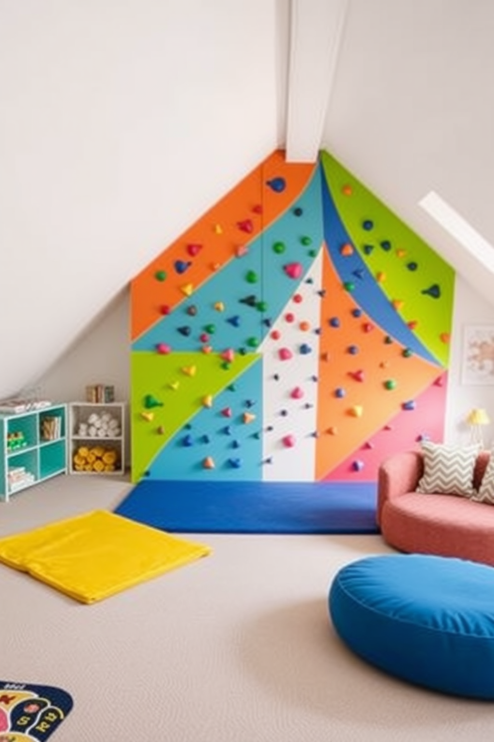 A vibrant indoor climbing wall designed for active play. The wall features colorful holds and is surrounded by soft mats for safety. The attic playroom is filled with natural light from skylights. Cozy seating areas are arranged with playful decor and storage for toys.