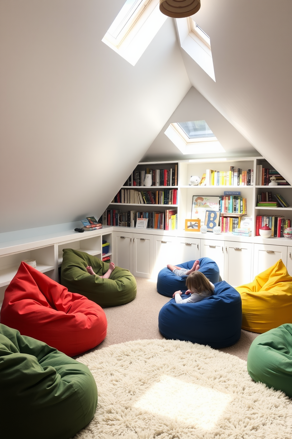 A cozy attic playroom filled with soft bean bags in various colors scattered around the space. Shelves lined with an assortment of books create an inviting reading nook, while large windows let in natural light and provide a view of the outside. The walls are painted in a soft pastel hue, enhancing the playful atmosphere of the room. A plush rug in the center adds warmth, inviting children to sit and enjoy their favorite stories.