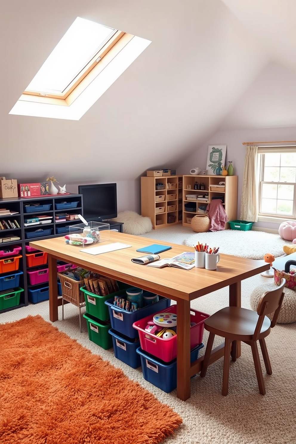 A creative craft corner filled with vibrant colors and inspiring decor. There are multiple storage solutions including open shelving, labeled bins, and a large table for crafting activities. An attic playroom designed for fun and imagination. The space features cozy seating, colorful rugs, and playful wall art, with ample storage for toys and games tucked under the eaves.