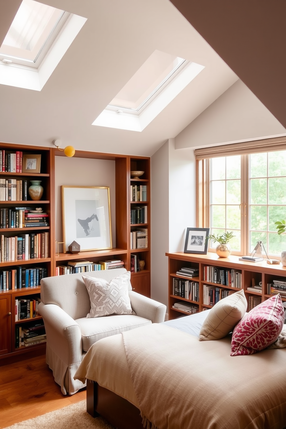 Cozy reading nook with built-in shelves. A plush armchair is positioned near a large window, surrounded by bookshelves filled with an array of books and decorative items. Attic room design ideas. The space features sloped ceilings with skylights, creating a bright and airy atmosphere, while a comfortable bed is nestled against one wall adorned with soft textiles and cushions.