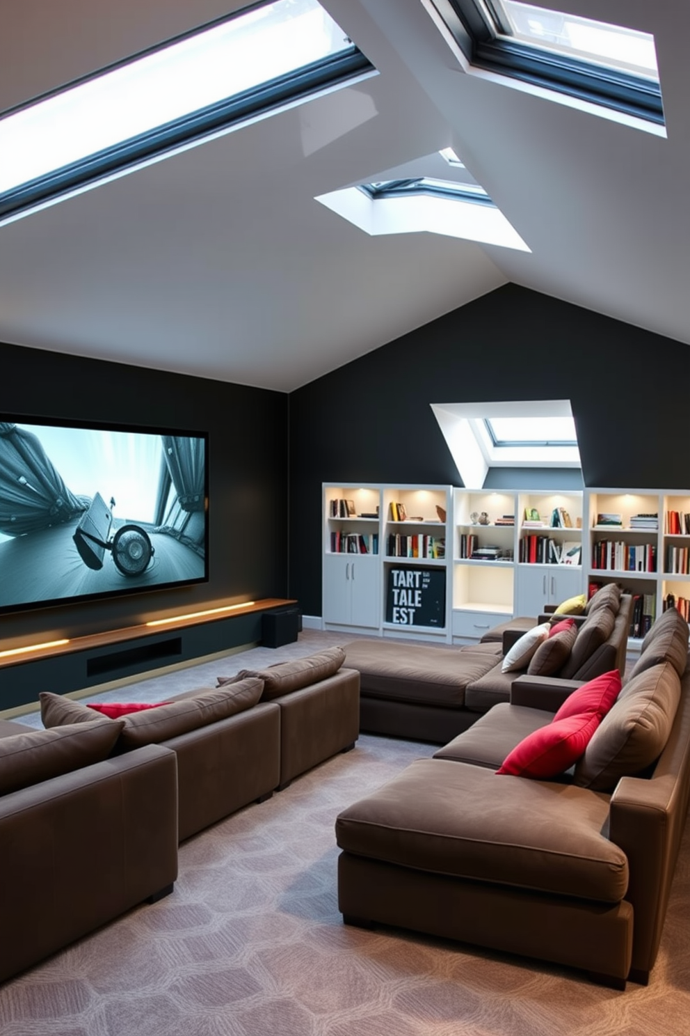 A modern media room featuring plush sectional seating arranged for optimal viewing of a large wall-mounted screen. The walls are painted in a dark, calming color, and soft ambient lighting creates a cozy atmosphere. An attic room designed with a bright and airy feel, showcasing sloped ceilings and skylights that flood the space with natural light. Cozy nooks are created with built-in bookshelves and a comfortable reading chair, perfect for relaxation.