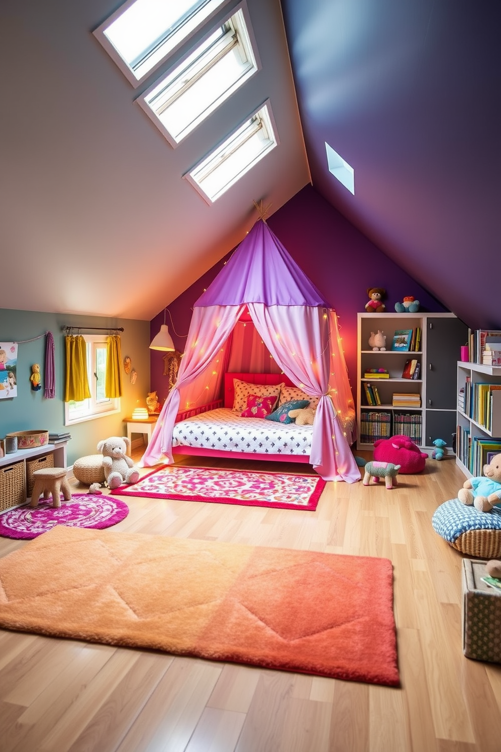 A whimsical children's bedroom filled with vibrant colors and playful decor. The room features a tent-like bed draped in fairy lights, surrounded by colorful rugs and stuffed animals. Attic room design ideas that maximize space and create a cozy atmosphere. The room includes a sloped ceiling with skylights, a reading nook with plush cushions, and built-in shelves for books and toys.