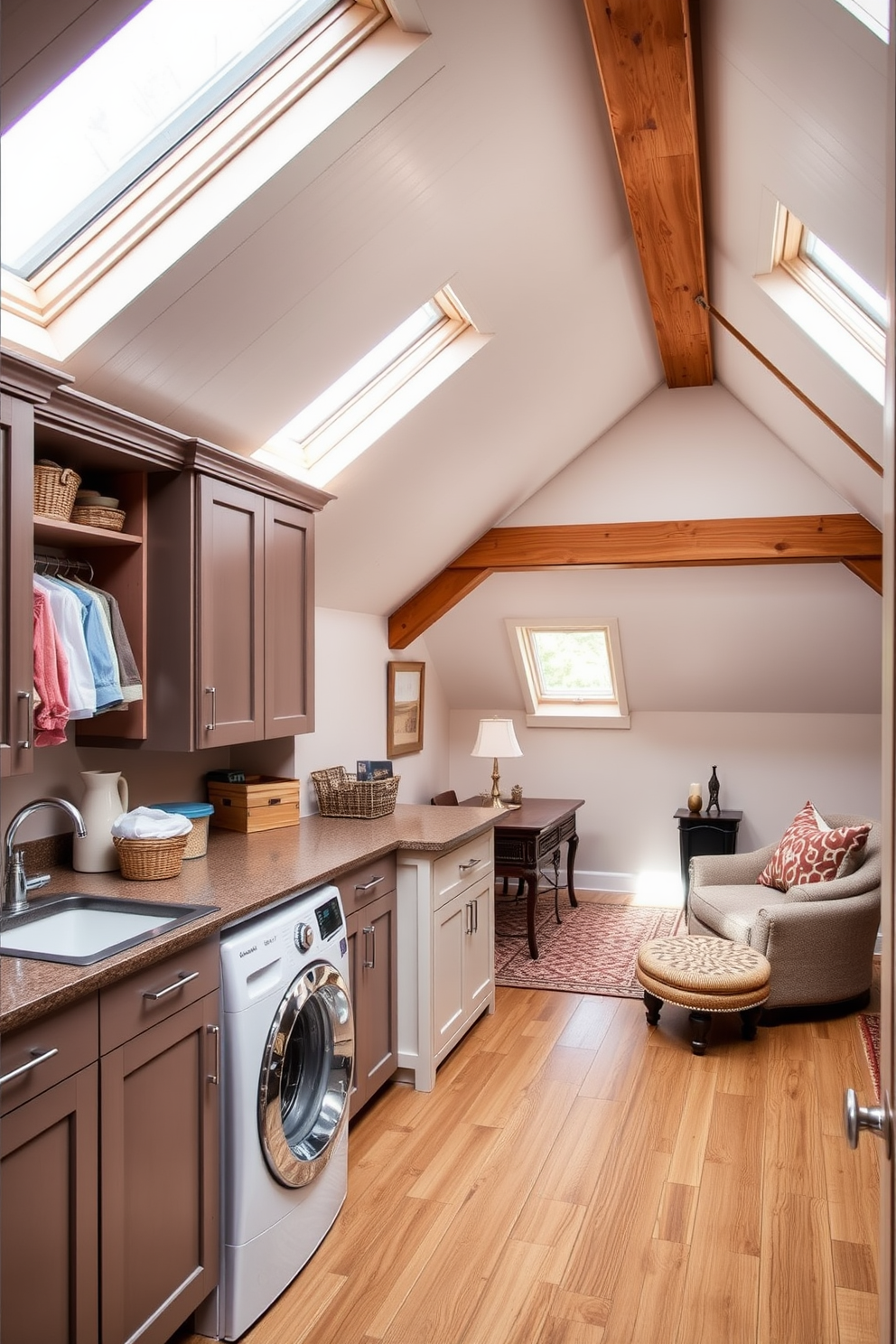 A functional laundry room featuring clever storage solutions. The room includes built-in cabinets, a countertop for folding clothes, and a spacious sink for hand-washing delicate items. An inviting attic room designed for relaxation and creativity. The space is filled with natural light from skylights, showcasing cozy seating, a small desk area, and warm wood accents.