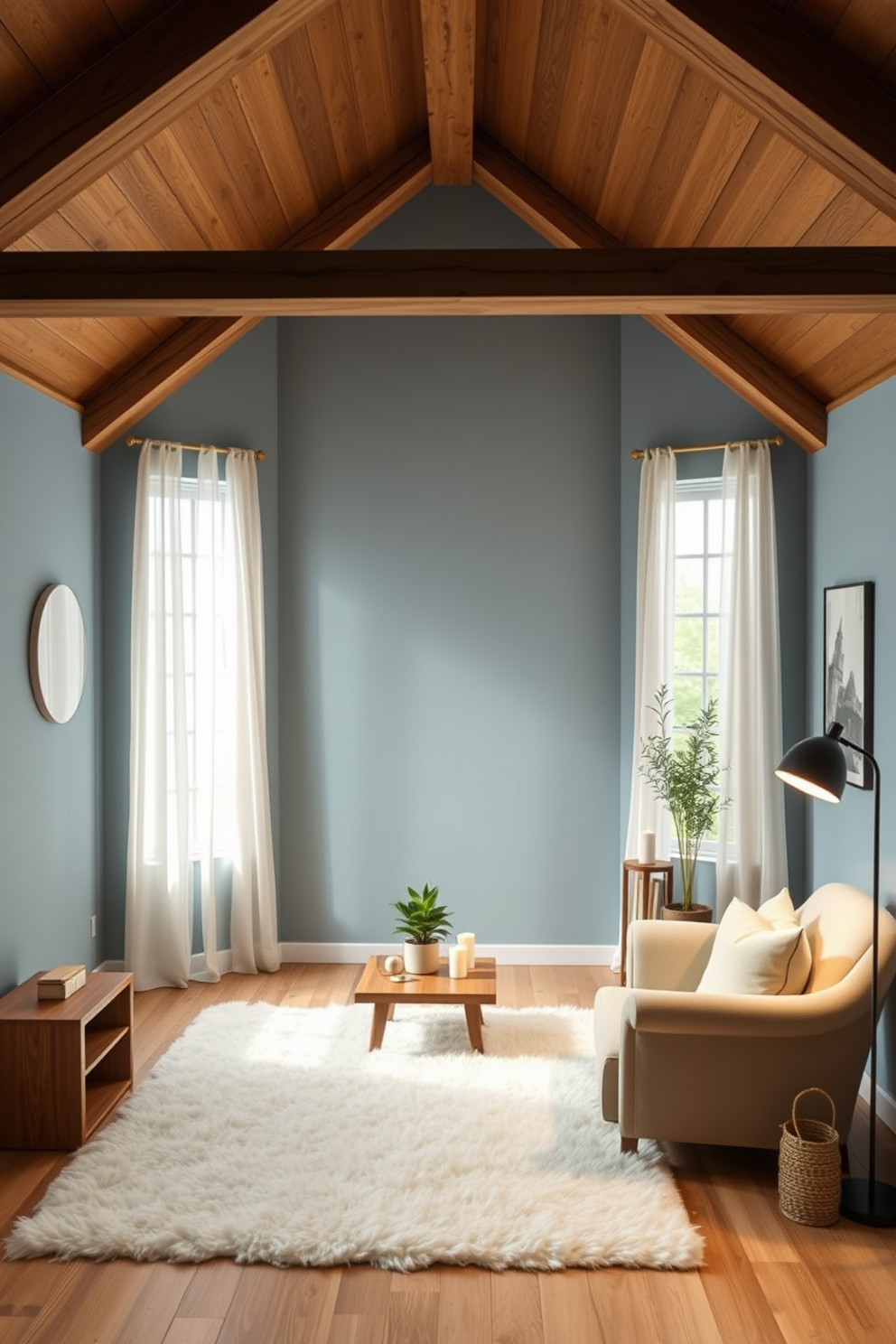 A serene meditation space filled with calming colors. Soft blue walls create a tranquil atmosphere while a plush white rug cushions the floor. Natural light pours in through large windows adorned with sheer curtains. A low wooden table holds candles and a small indoor plant, inviting relaxation. Attic room design ideas that embrace cozy charm. Exposed wooden beams and sloped ceilings add character to the space while a warm color palette enhances comfort. A comfortable reading nook is created with a plush armchair and a small bookshelf. Soft lighting from a stylish floor lamp adds a welcoming glow to the room.