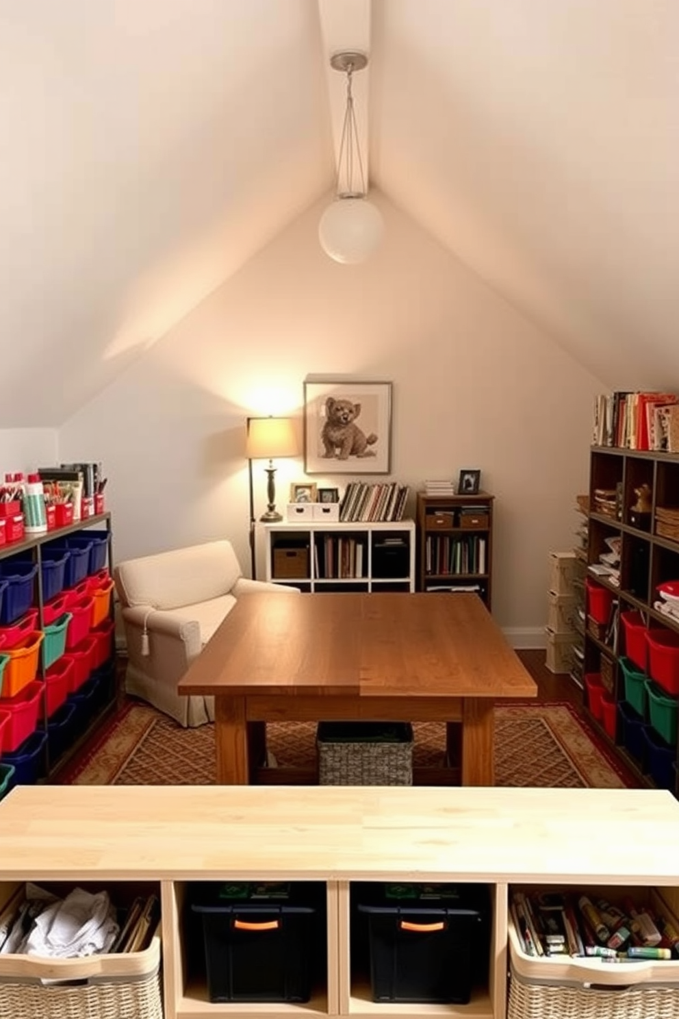 Creative craft room with organized supplies. The room features a large wooden table in the center surrounded by colorful storage bins and shelves filled with art supplies. Attic room design ideas. The space is transformed into a cozy reading nook with a plush armchair, a small bookshelf, and soft lighting from a stylish floor lamp.