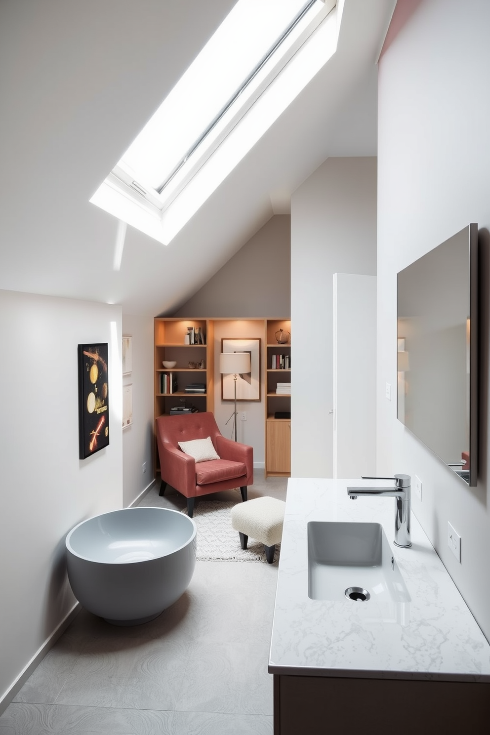 Sleek bathroom with contemporary fixtures. The space features a floating vanity with a sleek, integrated sink and polished chrome faucets. Attic room design ideas. The room is filled with natural light from a large skylight, showcasing a cozy reading nook with built-in shelves and a plush armchair.