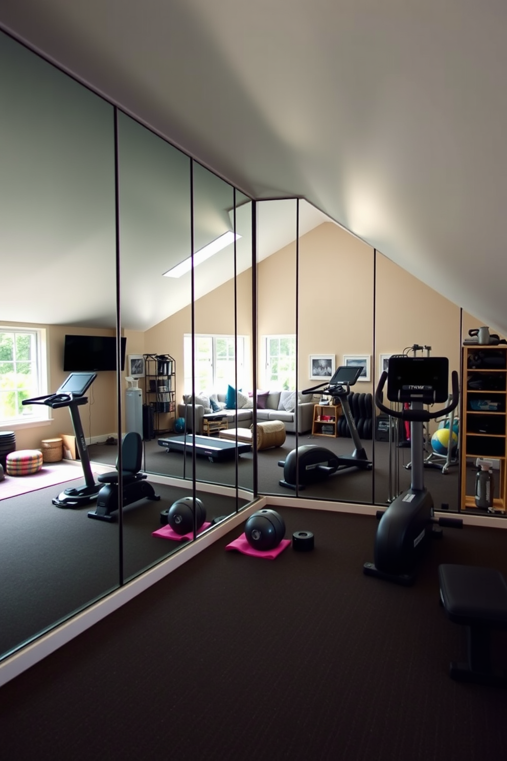 Home gym with mirrored walls and equipment. The space features a large wall of mirrors reflecting a variety of fitness equipment, including weights, a treadmill, and yoga mats. Attic room design ideas. The room is cozy and inviting, with sloped ceilings, a comfortable seating area, and large windows allowing natural light to fill the space.