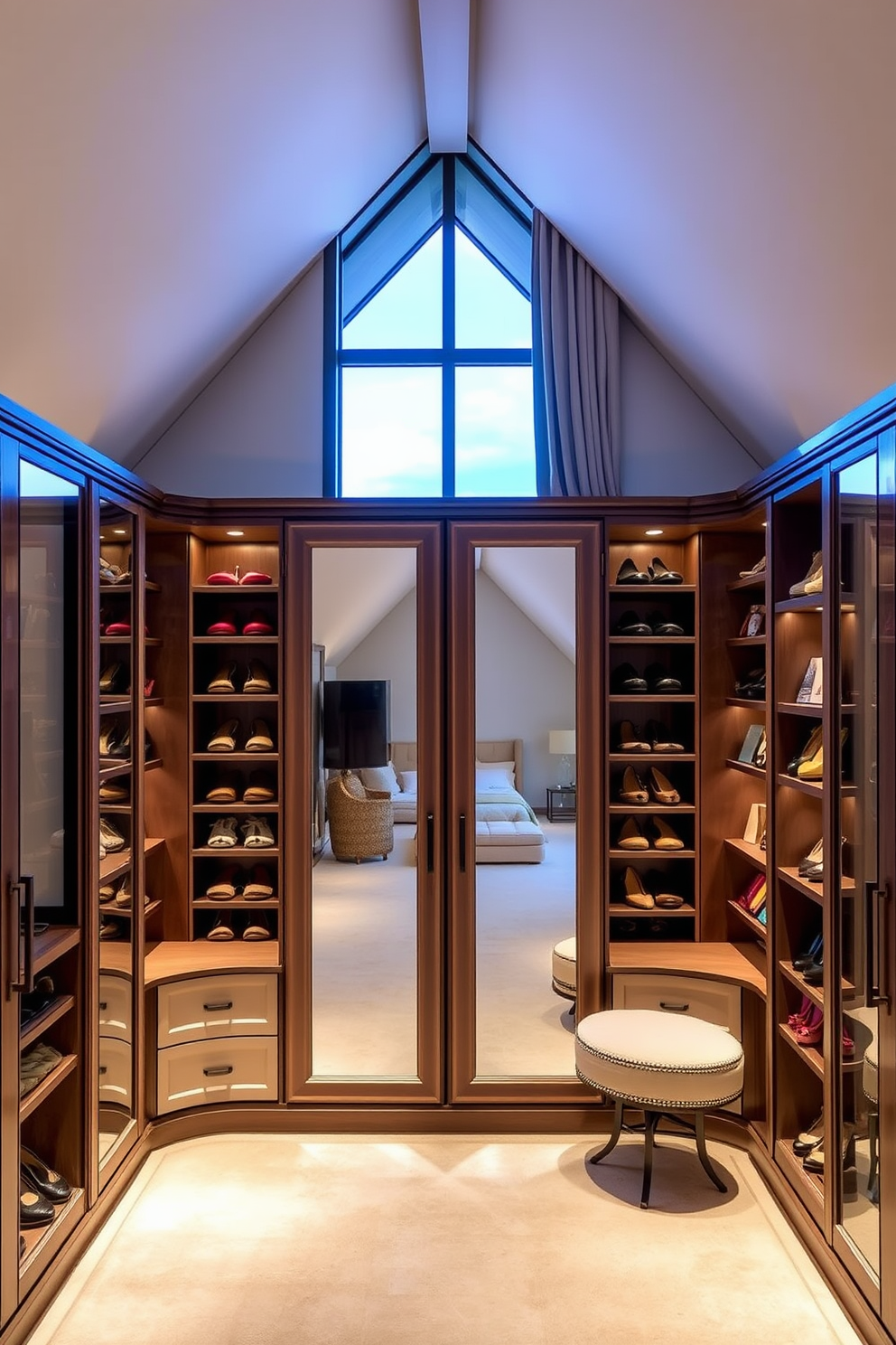 Chic dressing room with full-length mirrors. The space features elegant built-in shelving for shoes and accessories, with soft lighting illuminating the area. Attic room design ideas. The room incorporates sloped ceilings with cozy nooks for reading, and large windows that bring in natural light while showcasing the view.