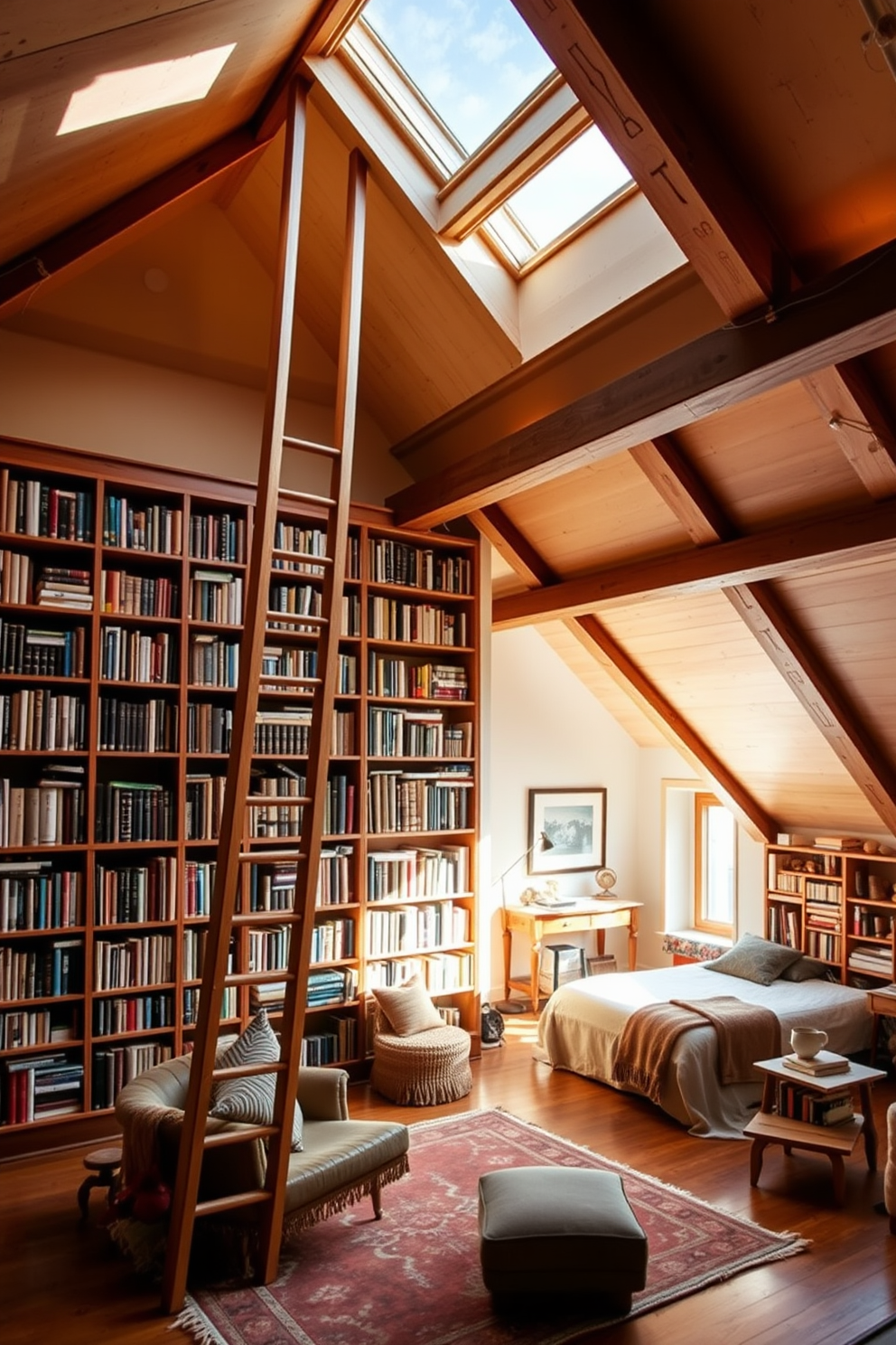 A unique library featuring a tall wooden ladder that leans against floor-to-ceiling shelves filled with an array of books. The room is bathed in warm, natural light from skylights, with a cozy reading nook adorned with plush seating and a vintage rug. An attic room designed as a serene retreat, showcasing sloped ceilings with exposed beams and soft, ambient lighting. The space is furnished with a comfortable daybed, surrounded by soft textiles and a small desk by the window for quiet contemplation.