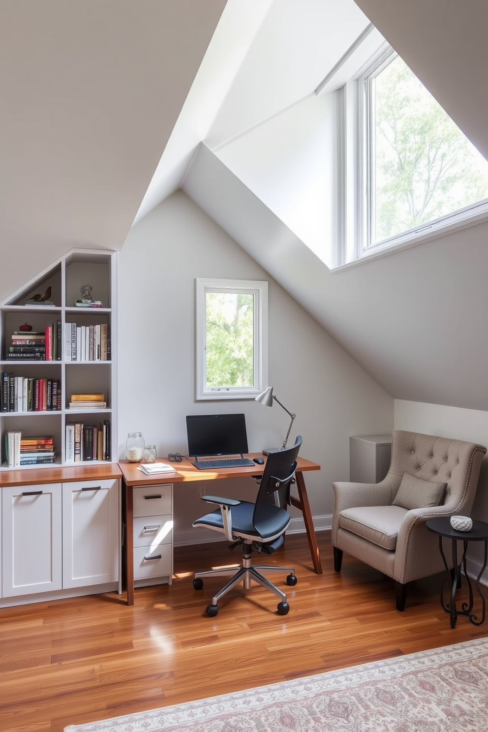 A stylish home office with a sloped ceiling features a sleek wooden desk positioned under a large window that allows natural light to flood the space. A comfortable ergonomic chair complements the desk, while built-in shelves on the sloped wall display books and decorative items. The walls are painted in a soft gray hue, creating a calm and inviting atmosphere. A cozy reading nook with a plush armchair and a small side table is tucked into the corner, perfect for taking breaks or enjoying a good book.