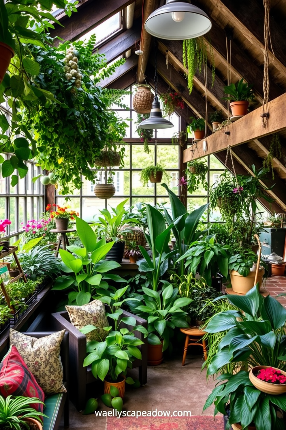 A lush greenhouse filled with a variety of vibrant plants creates a serene atmosphere. Comfortable seating is arranged in the corner, inviting relaxation amidst the greenery. The attic room features exposed beams and soft lighting for a cozy feel. A mix of vintage and modern furniture enhances the space, making it both functional and stylish.