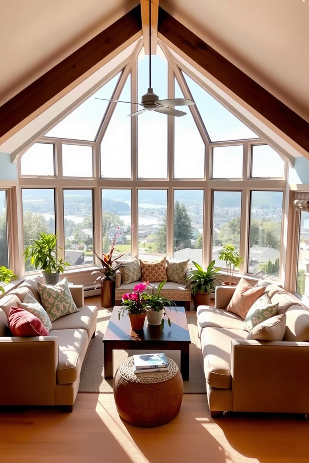 Bright sunroom with panoramic views. The space is filled with large windows that allow natural light to flood in, creating a warm and inviting atmosphere. Soft, comfortable seating is arranged around a central coffee table, adorned with vibrant plants and decorative pillows. The walls are painted in a light, airy color, enhancing the feeling of openness and connection to the outdoors. Attic Room Design Ideas. The room features sloped ceilings with exposed beams, adding character and charm to the space. Cozy nooks are created with built-in shelves and a small reading area, perfect for relaxation. The color palette includes soft pastels and natural materials, creating a serene and inviting environment.