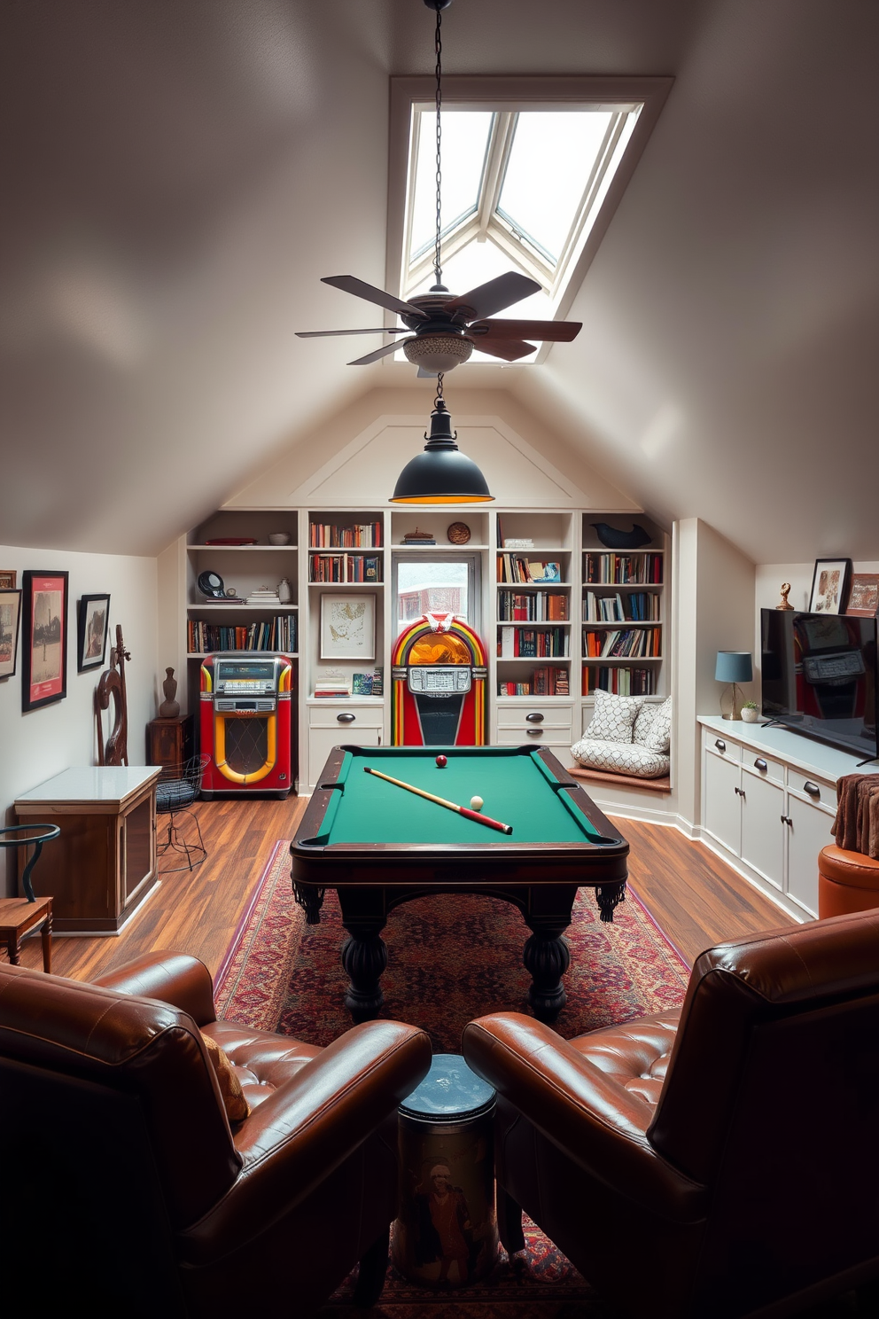 A vintage game room with retro decor. The space features a classic pool table in the center, surrounded by mismatched leather chairs and a vintage jukebox in the corner. Attic room design ideas that maximize space and light. The room includes a cozy reading nook by a skylight, with built-in shelves filled with books and a plush daybed for relaxation.