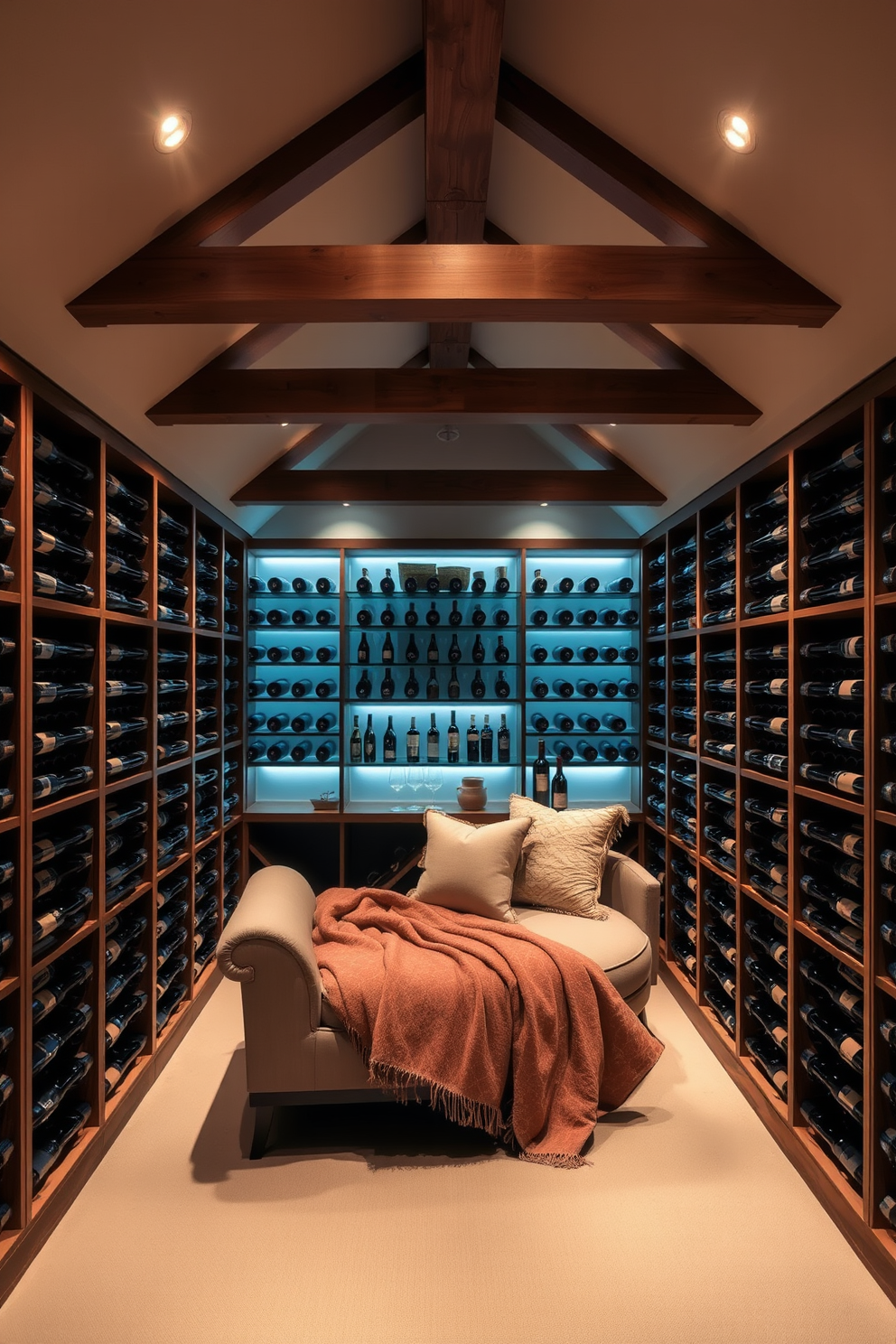 Sophisticated wine cellar with ambient lighting. The walls are lined with wooden racks filled with an extensive collection of wine bottles, illuminated by soft recessed lights. Attic room design ideas. The space features sloped ceilings with exposed beams, furnished with a cozy reading nook and a plush daybed draped in warm textiles.