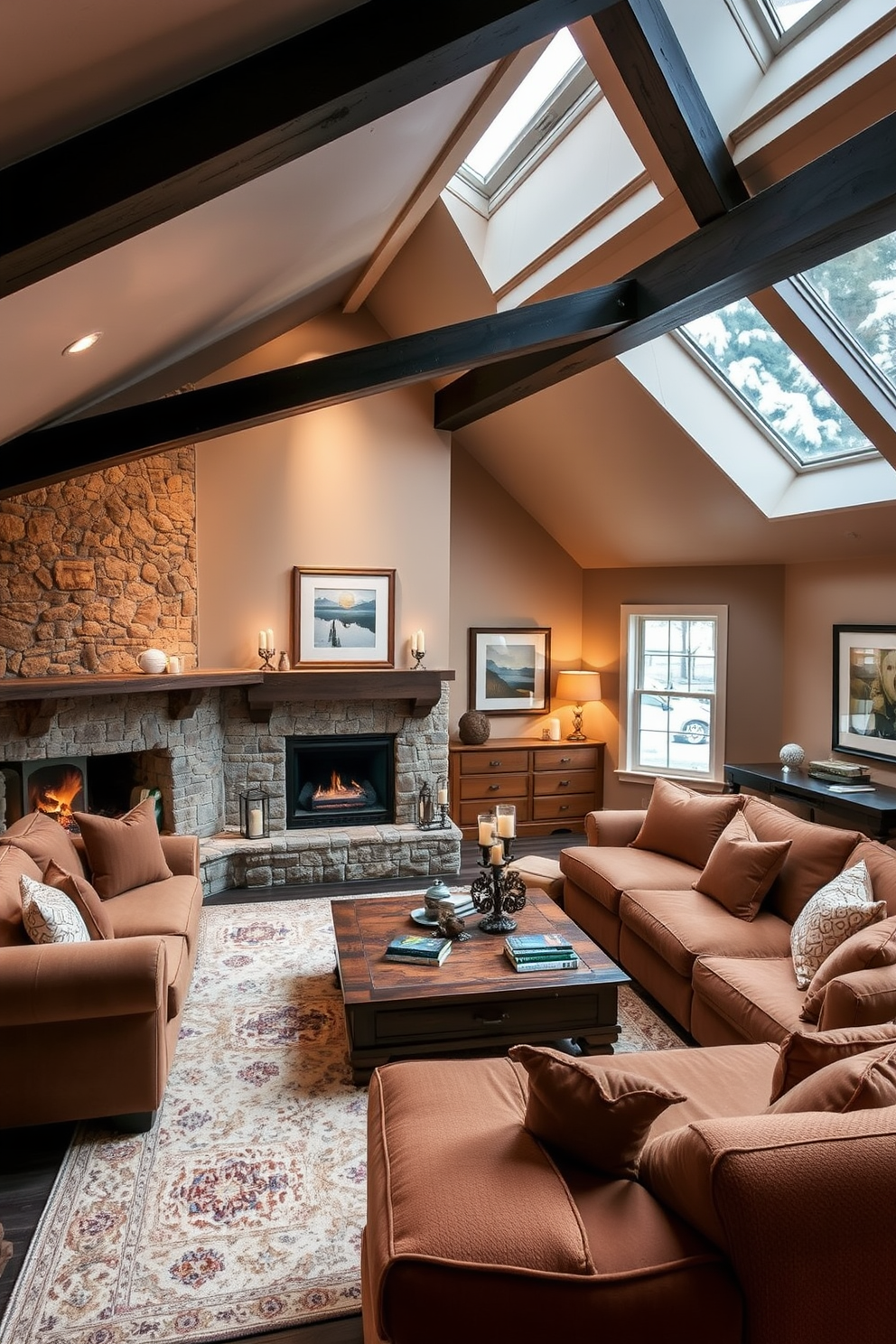 Cozy den with fireplace and seating. The room features a large, plush sectional sofa in warm tones, positioned around a rustic stone fireplace. Soft, ambient lighting creates a welcoming atmosphere, while a wooden coffee table sits at the center, adorned with books and candles. A large area rug anchors the seating arrangement, and framed artwork adds a personal touch to the walls. Attic Room Design Ideas. The space is transformed into a serene retreat with sloped ceilings and large skylights that flood the room with natural light. A comfortable reading nook is created with a built-in bench and cushions, while a small desk area offers a perfect workspace.