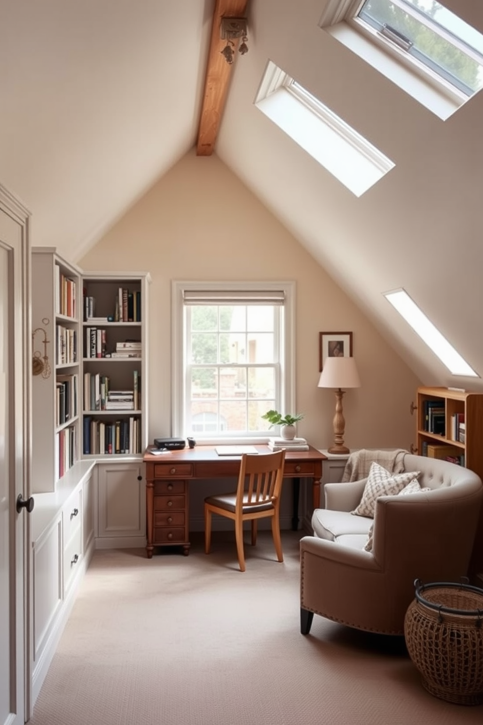 Charming writing retreat with desk space. The room features a cozy wooden desk positioned by a window, offering natural light and a view of the outdoors. Soft, muted colors adorn the walls, creating a serene atmosphere. A plush armchair sits in the corner, inviting relaxation and inspiration. Attic room design ideas. The space showcases exposed beams and a skylight, allowing for an airy, open feel. A built-in bookshelf lines one wall, filled with books and decorative items, while a comfortable bed nestled under the eaves adds a touch of warmth.