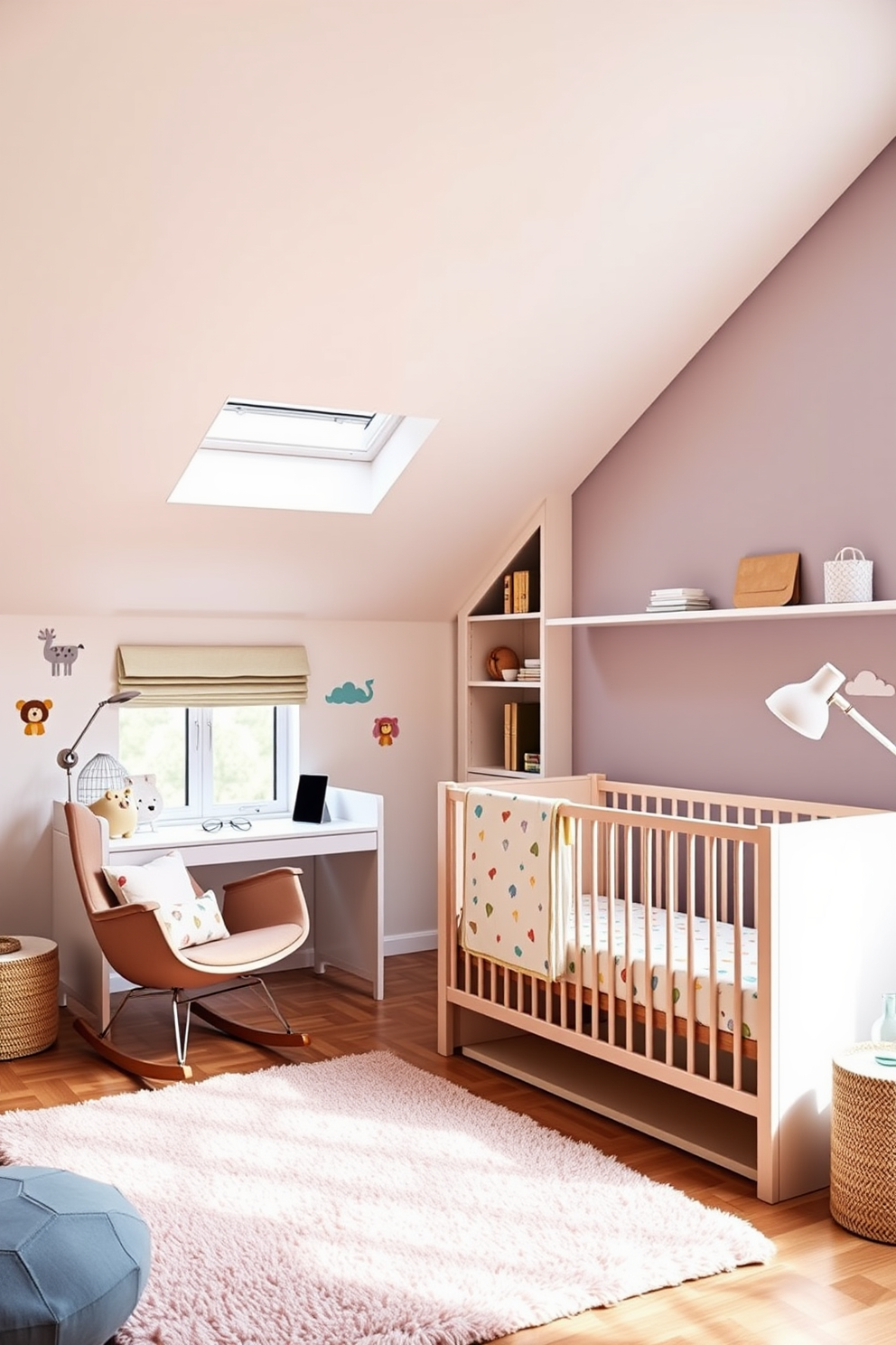 A modern nursery with playful design elements. The room features a soft color palette of pastel hues, with a cozy crib adorned with whimsical bedding. A stylish rocking chair is positioned next to the crib, accompanied by a small side table for nighttime essentials. Colorful wall decals of animals and clouds add a cheerful touch, while a plush area rug provides comfort for playtime. Attic room design ideas that maximize space and light. The room is characterized by sloped ceilings and large windows that allow natural light to flood in, creating an airy atmosphere. A compact workspace with a stylish desk is tucked under the eaves, complemented by built-in shelving for organization. Cozy seating, such as a lounge chair or a small sofa, makes the space inviting and functional.