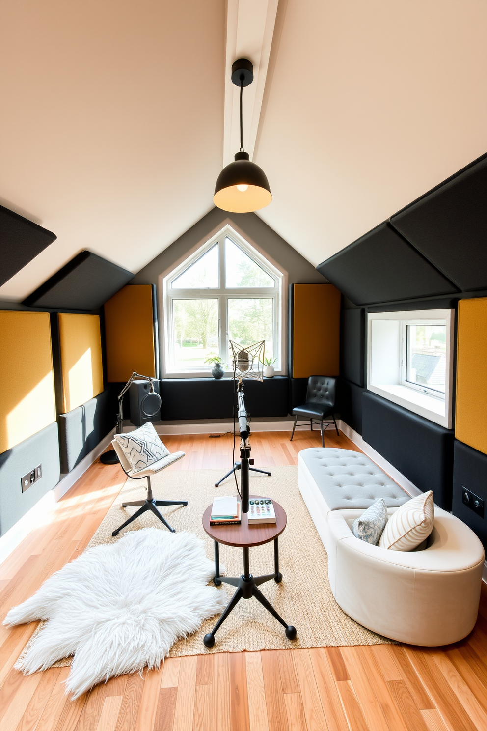 Trendy podcast studio with soundproofing. The studio features acoustic panels on the walls and ceiling, creating a cozy atmosphere for recording. Attic room design ideas. The space is transformed into a stylish retreat with sloped ceilings, a comfortable reading nook, and large windows that let in natural light.