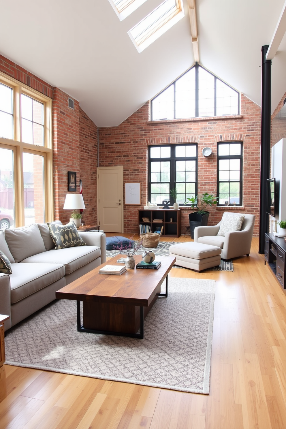 Open concept loft with versatile furniture. The space features a large sectional sofa in a neutral fabric, paired with a sleek coffee table made of reclaimed wood. Large windows allow natural light to flood the room, highlighting the exposed brick walls. A stylish area rug anchors the seating area, while a mix of modern and vintage decor adds character. Attic room design ideas. The room is designed with sloped ceilings and skylights, creating a cozy yet spacious atmosphere. A comfortable reading nook is set up with a plush armchair and a small bookshelf, while built-in storage solutions maximize space.