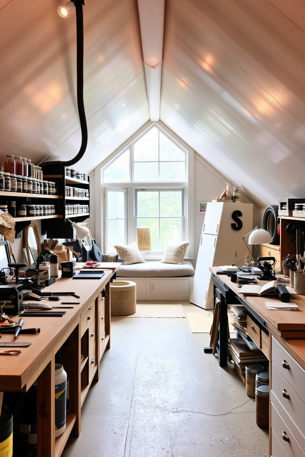 Artisan workshop with tools and workspace. The room features a large wooden workbench cluttered with various tools, while shelves lined with jars of paint and supplies adorn the walls. Attic room design ideas. The space is transformed into a cozy retreat with sloped ceilings, featuring a plush reading nook by the window and soft, ambient lighting throughout.