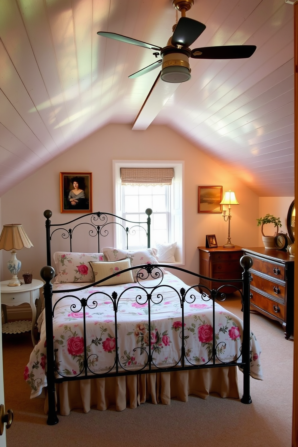 Charming guest bedroom with vintage decor. The room features a wrought iron bed with a floral quilt, complemented by antique bedside tables and a vintage dresser. Attic room design ideas. The space is transformed with sloped ceilings, a cozy reading nook by the window, and soft, ambient lighting that creates a warm atmosphere.