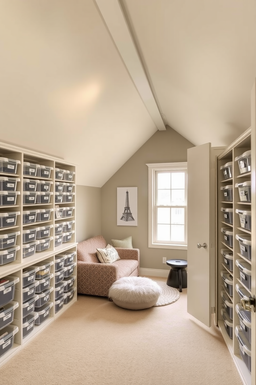 Spacious storage room with organized bins. The room features built-in shelving units lined with clear plastic bins labeled for easy access, and a soft overhead light illuminates the space. Attic room design ideas. The attic is transformed into a cozy retreat with sloped ceilings, a plush seating area, and large windows that allow natural light to flood in, creating an inviting atmosphere.