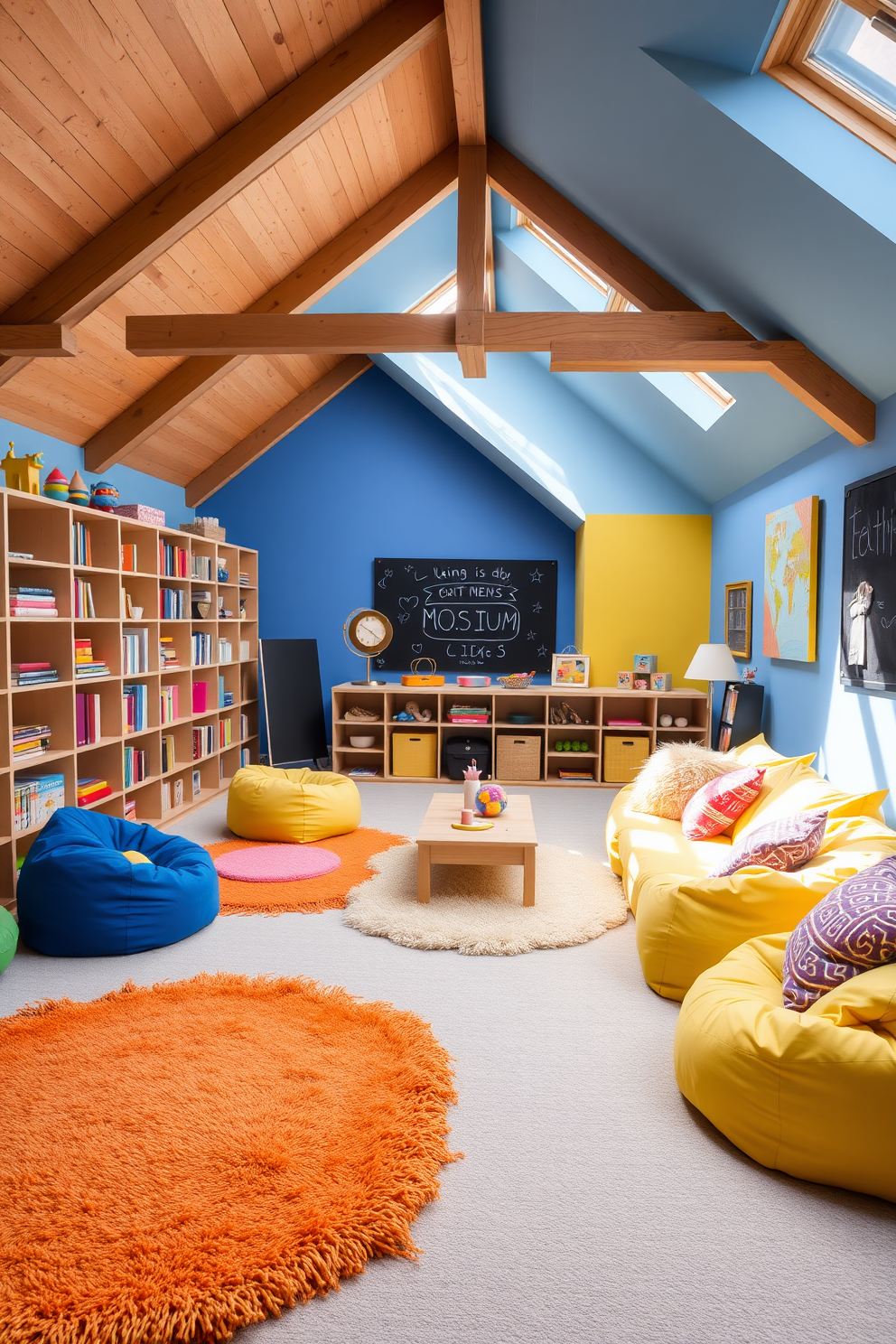 Bright playroom with colorful accents. The walls are painted in vibrant hues of blue and yellow, creating an energetic atmosphere. Plush rugs in various colors cover the floor, and there are bean bags scattered throughout for seating. A large bookshelf filled with toys and books lines one wall, while a chalkboard wall invites creativity. Attic room design ideas. The space features exposed wooden beams and skylights that flood the room with natural light. Cozy seating areas with oversized cushions are arranged around a small coffee table, creating a perfect reading nook. Soft, neutral colors on the walls enhance the warmth of the wooden accents, making it an inviting retreat.