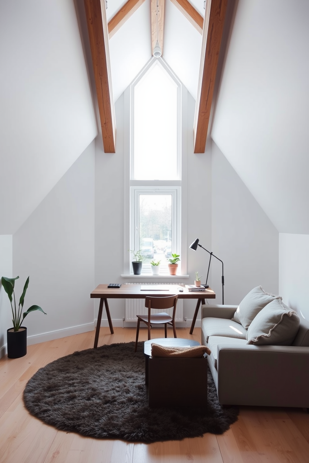 A minimalist workspace with natural light. The room features a large window allowing sunlight to flood in, illuminating a sleek wooden desk with a simple chair. The walls are painted in a soft white, creating a clean and airy atmosphere. A few potted plants are placed on the windowsill, adding a touch of greenery to the serene environment. Attic room design ideas. The space showcases sloped ceilings adorned with wooden beams, giving it a cozy yet stylish feel. A plush area rug anchors the seating area, which includes a comfortable sofa and a small coffee table. Soft lighting fixtures are strategically placed to enhance the inviting ambiance of the room.