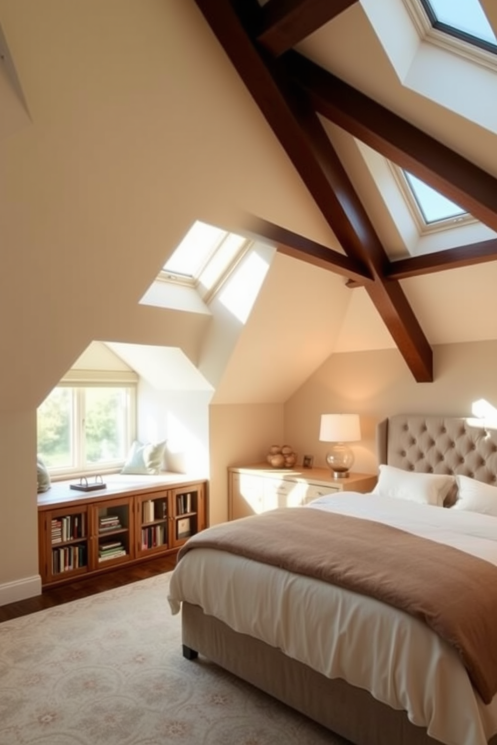 Elegant master suite with skylight windows. The room features a king-sized bed with a plush headboard and soft linens, while natural light floods in from the skylights, creating a warm and inviting atmosphere. Attic room design ideas. The space includes a cozy reading nook with a built-in bookshelf and a small window seat, complemented by sloped ceilings that add character and charm to the design.