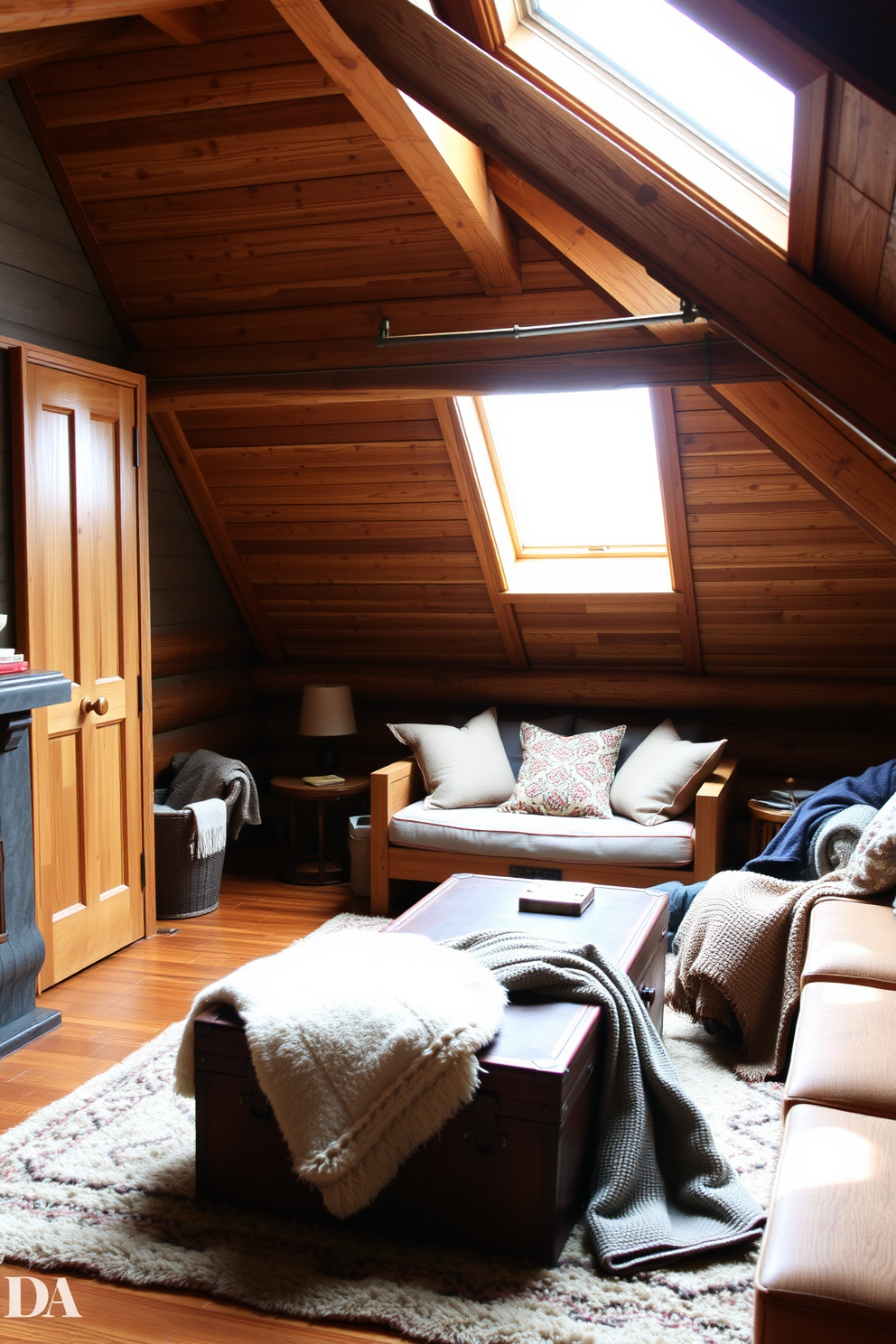 A cozy rustic attic retreat featuring exposed wooden beams and a sloped ceiling. The room is adorned with a plush area rug and a comfortable seating nook with oversized cushions. Natural light floods in through a large skylight, illuminating the warm wood tones of the furniture. A vintage wooden trunk serves as a coffee table, surrounded by soft, inviting blankets.