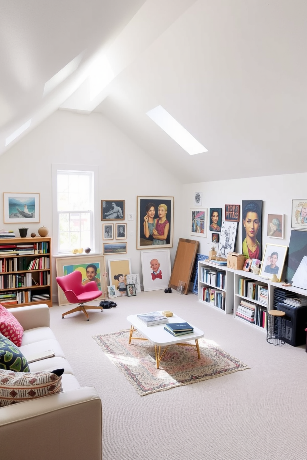 Art studio with ample wall space. The room features large windows that flood the space with natural light, illuminating the white walls adorned with vibrant artwork. Attic room design ideas. The space is cozy with sloped ceilings, showcasing a mix of comfortable seating and built-in shelves filled with books and decorative items.