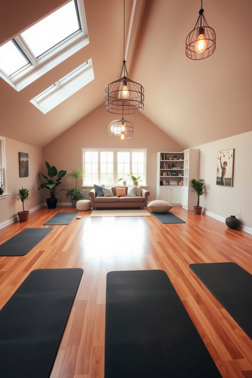 Inviting yoga studio with soft lighting. The space features warm wooden floors and calming wall colors, with large windows allowing natural light to filter in softly. Comfortable mats are arranged neatly on the floor, surrounded by plants that add a touch of nature. Ambient lighting fixtures hang from the ceiling, creating a serene atmosphere perfect for relaxation and meditation. Attic room design ideas. The room is transformed into a cozy retreat with sloped ceilings and skylights that bring in plenty of light. A plush seating area is created with a comfortable sofa and soft cushions, while built-in shelves display books and decorative items.