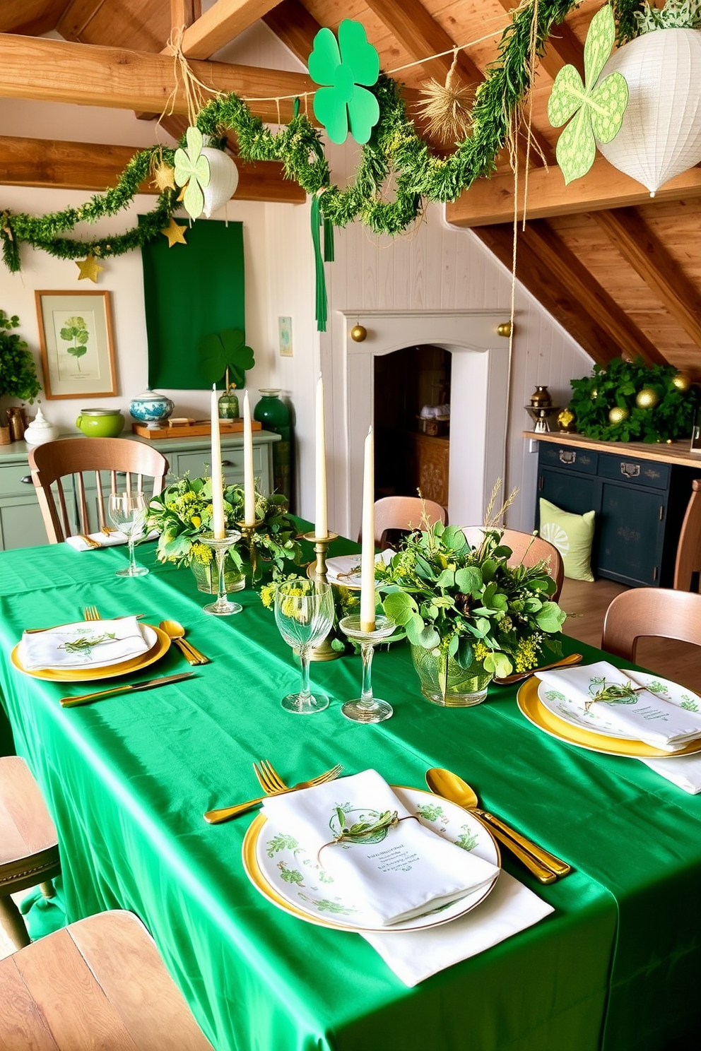 A green and gold themed table setting features an elegant tablecloth in a rich emerald hue. Gold chargers and cutlery complement white dinnerware adorned with delicate green patterns, creating a harmonious balance. For St. Patrick's Day, the attic is decorated with whimsical touches of green and gold. Vintage shamrock decorations hang from the rafters, while a rustic wooden table showcases festive centerpieces filled with fresh greenery and gold accents.