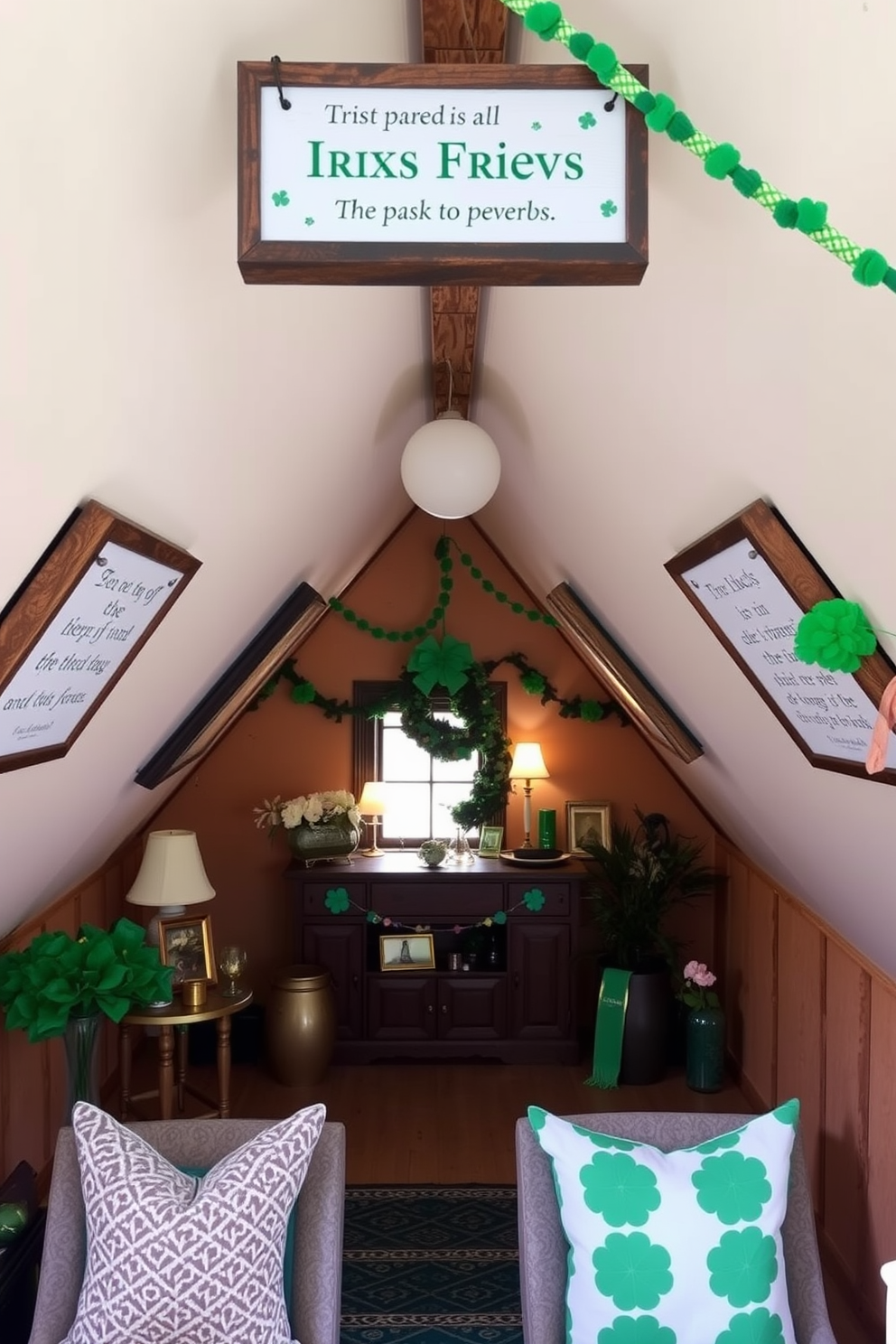 A charming attic space adorned with Irish proverb signs on the walls, each beautifully framed in rustic wood. The decor features vibrant green accents and festive St. Patrick's Day decorations, creating a warm and inviting atmosphere.