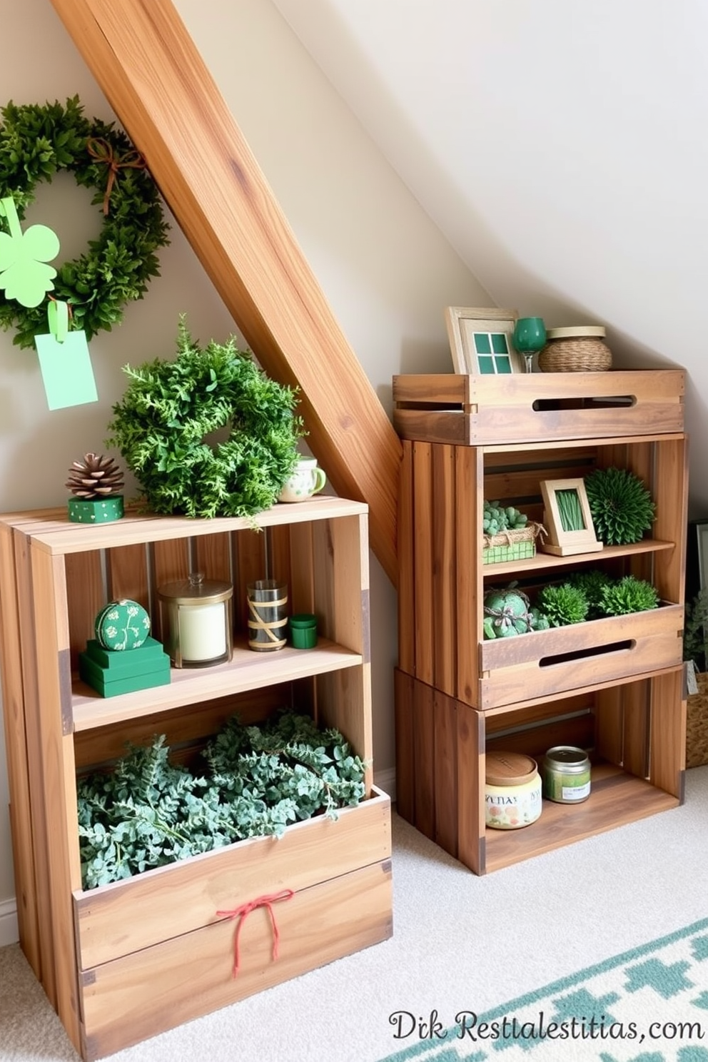 Create a cozy attic space featuring rustic wooden crates used for decor storage. The crates are stacked in a corner, filled with seasonal decorations and greenery, enhancing the charm of the St. Patrick's Day theme.