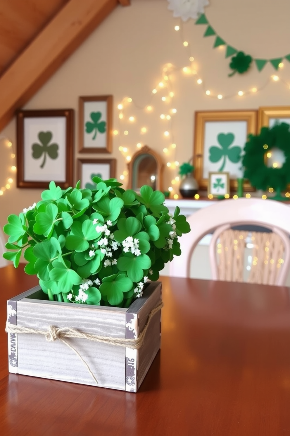 A charming DIY shamrock centerpiece for a table featuring a cluster of vibrant green shamrocks arranged in a rustic wooden box. The box is adorned with twine and small white flowers, creating a fresh and festive look. An inviting attic space decorated for St. Patrick's Day with green and gold accents. Vintage Irish decor pieces, such as framed shamrock prints and twinkling fairy lights, enhance the cozy atmosphere.