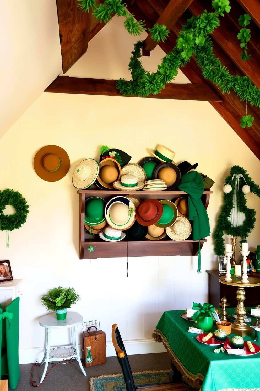 A charming attic space showcasing vintage hats and costumes. The walls are adorned with soft pastel colors, and a rustic wooden shelf holds an array of colorful hats and period costumes. For St. Patrick's Day, the attic is decorated with green and gold accents. Shamrock garlands hang from the ceiling, and a festive table is set with themed decorations and treats.