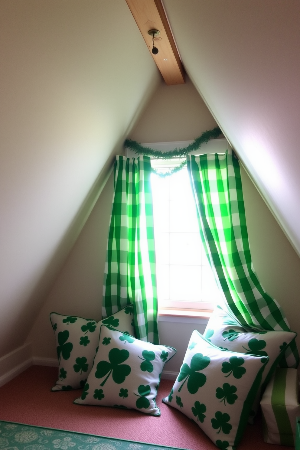 A cozy attic space adorned with green and white striped curtains that gently frame the window, allowing soft light to filter in. The room is decorated with playful St. Patrick's Day accents, including shamrock-patterned throw pillows and a festive garland draped across the exposed beams.