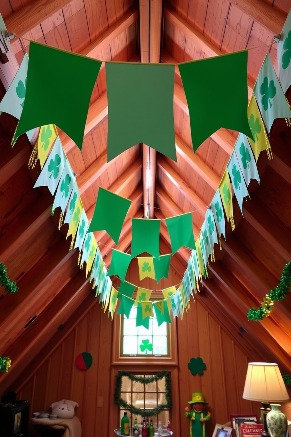 A cozy attic space adorned with festive banners hanging from the rafters. The vibrant green and gold decorations create a cheerful atmosphere perfect for St. Patrick's Day celebrations.