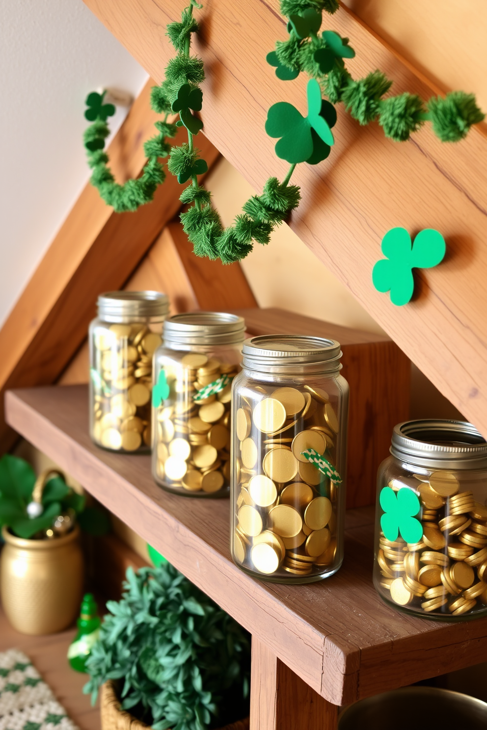 A cozy attic space decorated for St. Patrick's Day. Glass jars filled with gold coins are placed on rustic wooden shelves, surrounded by green and gold accents.